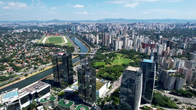 Marginal Pinheiros At Sao Paulo Brazil. Amazing Skysrapers And Traffic On Street Viewed From Above. Business Clouds Sky Downtown Cityscape. Drone View Downtown Panoramic. Sao Paulo Brazil.