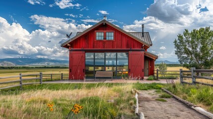 Obraz premium A rustic barn-style home with a red exterior, large sliding doors, and surrounded by vast open fields and a split-rail fence