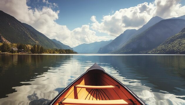 canoe glides across the serene lake