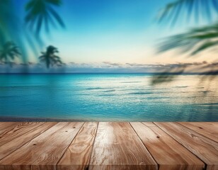 Fototapeta premium Wooden Table and Tropical Beach Background