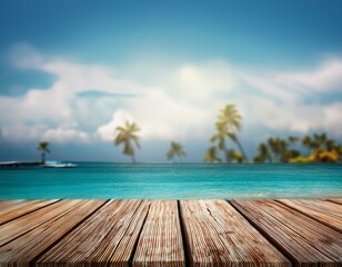 Fototapeta premium Beach Wooden Table: Tropical Backdrop