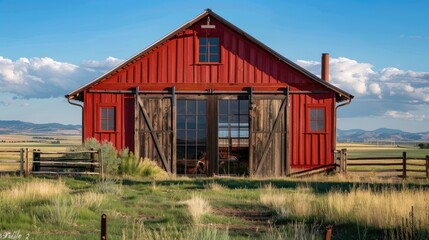 A rustic barn house with a red exterior, large sliding doors, and surrounded by vast open fields and a split-rail fence