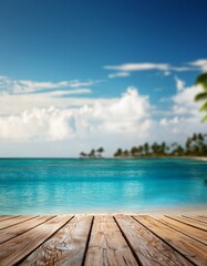 Wooden Table with Tropical Beach Background