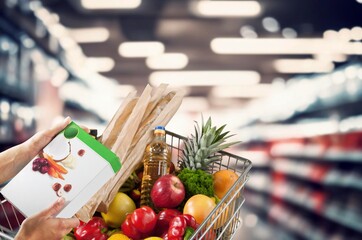 A person with a cart in store with groceries.