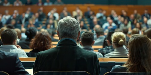 Fototapeta premium Abstract Business Professionals or Students Attending Presentation or Training Seminar in Auditorium. AI-Generated 4K High-Quality Wallpaper Depicting Crowded Conference Hall with Attendees Engaged in