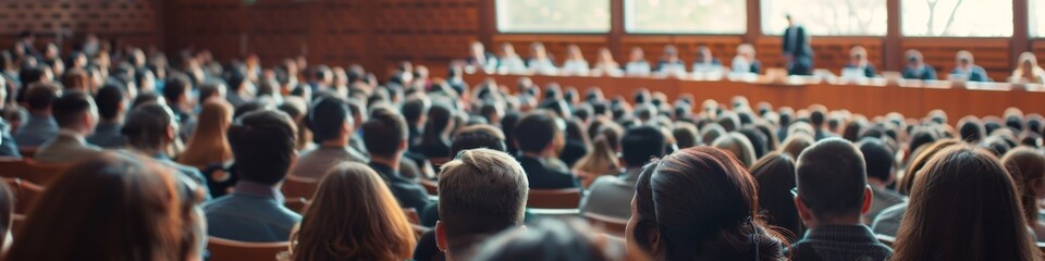 Abstract Business Professionals or Students Attending Presentation or Training Seminar in Auditorium. AI-Generated 4K High-Quality Wallpaper Depicting Crowded Conference Hall with Attendees Engaged in