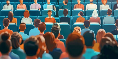 Obraz premium Abstract Business Professionals or Students Attending Presentation or Training Seminar in Auditorium. AI-Generated 4K High-Quality Wallpaper Depicting Crowded Conference Hall with Attendees Engaged in