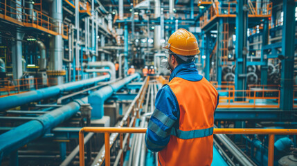 Fototapeta premium Factory worker wearing protective gear supervises machinery in a large industrial facility, highlighting safety and industrial operations.