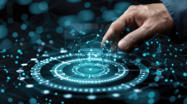 A hand hovers over a digital sphere connected by illuminated lines and points.