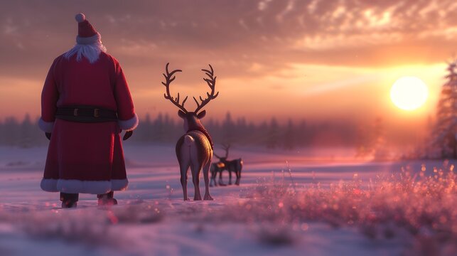 Sunset silhouette in forest and mountains with Santa Claus and reindeer - Powered by Adobe