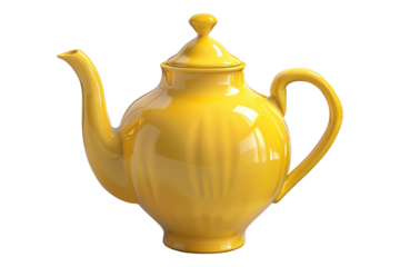 Yellow ceramic teapot isolated on transparent background