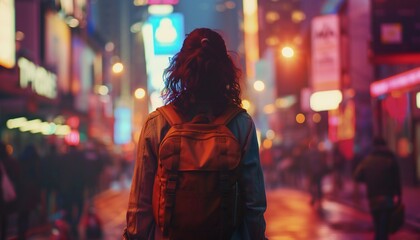 A tourist travels through a busy city, ready for an adventure