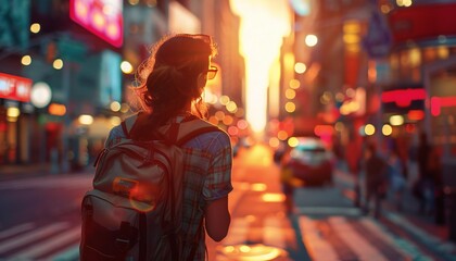 Obraz premium Image of a young woman walking through a colorful city, soaking up its energy
