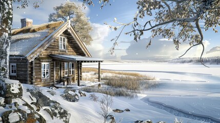 A rustic Scandinavian cabin with a sod roof, wooden beams, and surrounded by a snowy landscape with a frozen lake
