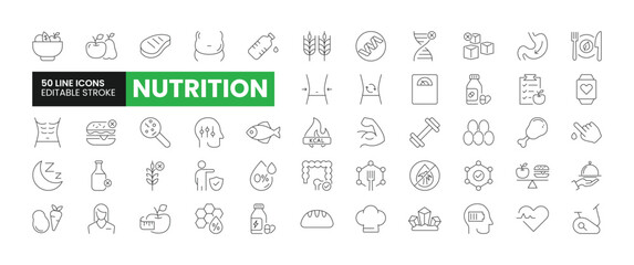 Set of 50 Nutrition line icons set. Nutrition outline icons with editable stroke collection. Includes Fruits, Vegetables, Sugar-Free, Balanced Diet, Proteins, and More.