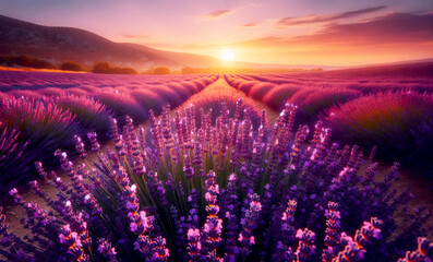Fototapeta premium Blühendes Lavendelfeld im Sonnenuntergang, blur, copy space