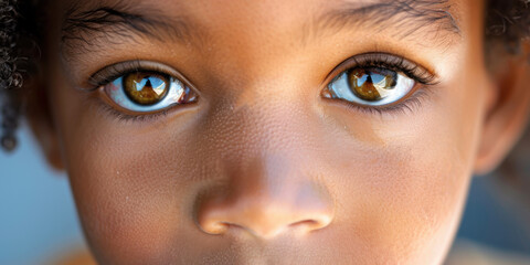 Naklejka premium Close-up portrait of a child's face, highlighting their reflective and soulful eyes, showcasing innocence and wonder.