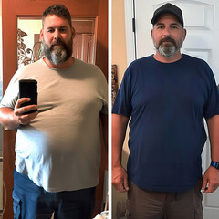 Side by side comparison of man before and after weight loss journey