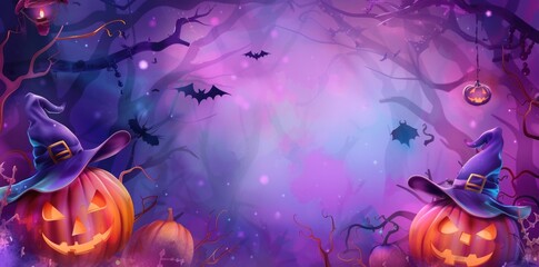 Halloween background with pumpkins, purple color, cartoon style, clip art for graphic design on white background, banner frame border design illustration, halloween decoration with pumpkin and witch