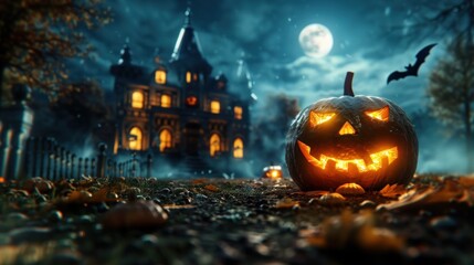 Halloween background with spooky haunted house, foggy graveyard and flying bats on full moon night. Halloween concept background. Scary haldia landscape with pumpkins. Design for banner, poster or