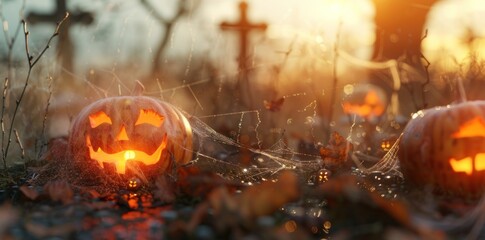 Halloween pumpkins in the cemetery, spider webs and dead trees in background, spooky atmosphere, hyper realistic, cinematic, octane render,