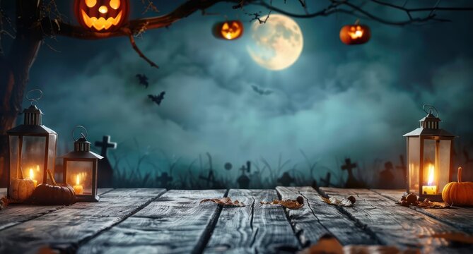 Halloween background with spooky graveyard, wooden table top and lanterns. Halloween night scene for product display montage. Scary moonlight sky and illuminated cemetery in the backround. Realistic