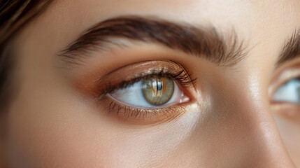 Fototapeta premium Close-up of woman's eye with gold eyeshadow and natural lashes