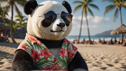 Panda in sunglasses sitting on the beach and looking at the camera, Portrait of a panda in a...