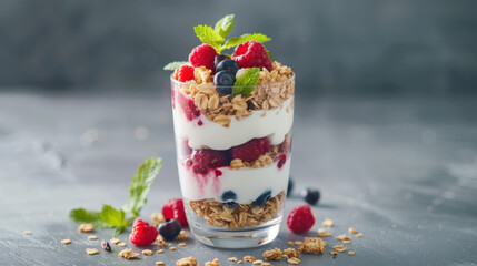 Layered berry parfait with granola, yogurt, fresh mint, raspberries, blueberries in a glass on a dark background