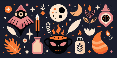 A variety of witchcraft symbols displayed against a dark backdrop