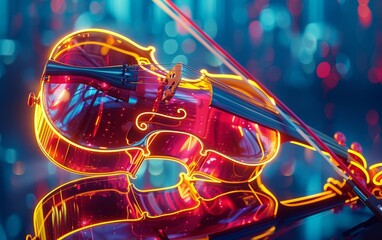 Energetic baroque cello illuminated by neon lights