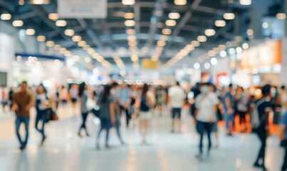 Abstract Background of Exposition or Conference with Blurred Individuals in Exhibition Hall. Conceptual Image of International Exhibition, Conference Center, Corporate Marketing, or Event Expo. AI-Gen