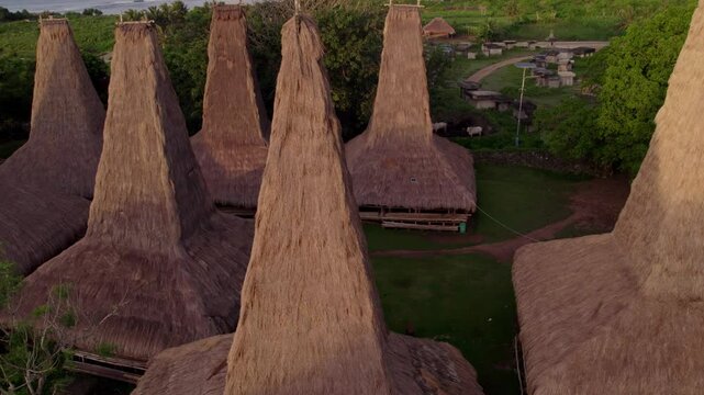 Aerial view of traditional village with thatched roofs and ocean, Ratenggaro, Sumba, Indonesia.