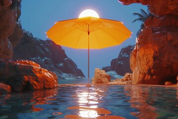 Moonlit beach with umbrella under twilight sky serene coastal scene peaceful night reflective waters tranquil ambiance night time beachscape calm and inviting setting