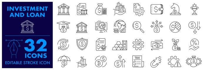 Investment, Finance and Loan Editable Stroke Icon. Included Investment, Education Loan, Performance, Safe Locker, Real Estate, Management and More