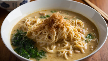 Bowl of creamy Ramen Carbonara with garnish and spinach