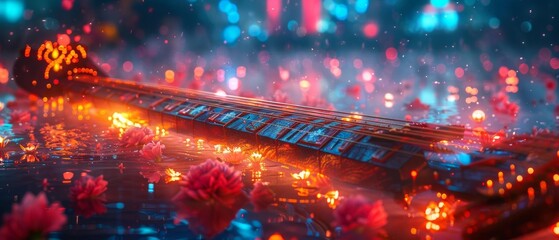 Fototapeta premium Futuristic Spaceship Landing in Field of Glowing Flowers