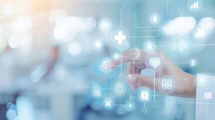 Hand interacting with a digital interface featuring various icons and data points, showcasing technology and connectivity.