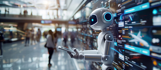 a traveler using an AI chatbot to book flights and accommodations, with a seamless travel booking interface, AI chatbot, travel, booking, customer service, digital interaction, wit