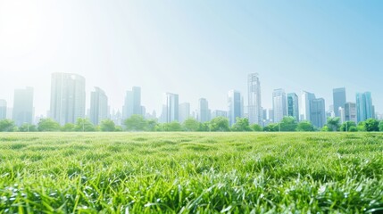 City skyline with skyscrapers viewed from a lush green park under a sunny sky. Urban nature harmony concept.