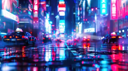 Fototapeta premium Neon-lit city street in the rain with vibrant advertisements, busy traffic, and people with umbrellas. Cyberpunk ambiance.