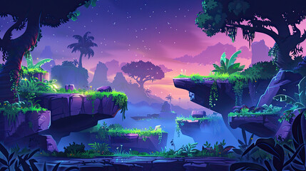 Game level background with platforms and items. Vector cartoon landscape of night jungle with green grass and trees fortnite style