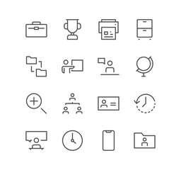 Set of business and communication icons, search, meeting, presentation, phone, time, and linear variety vectors.	
