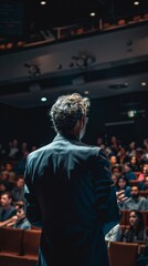 Abstract Image of a Businessman Giving a Presentation on Stage at a Board Meeting. Corporate Work Environment with Soft or Blurred Figures. High-Quality AI-Generated 4K Wallpaper of a Man in a Suit Sp