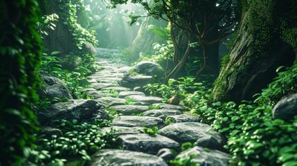 winding stone path in a mystical forest