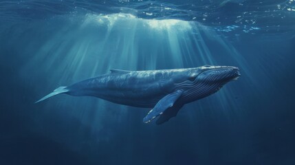 Fototapeta premium A majestic blue whale swimming gracefully in the deep ocean with sunlight filtering through the water, highlighting its enormous size.