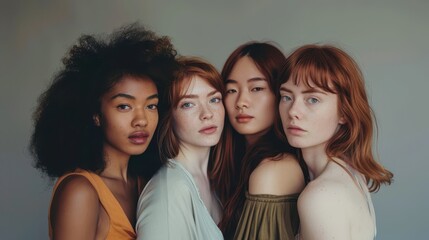 Fototapeta premium Diverse group of women standing in profile against a neutral background. Diversity and unity concept.