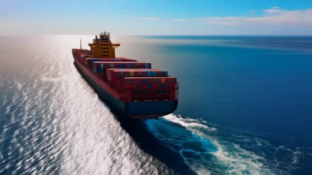 Aerial view of cargo ships carrying containers across the ocean