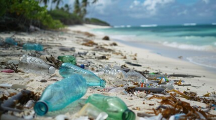 A beach covered in plastic bottles and debris, with sea creatures struggling to navigate through it