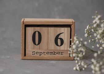 Wooden calendar with the date September 06 and gypsophila flowers on a gray concrete background